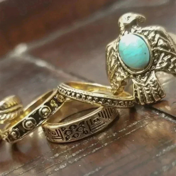 GOLD & TURQUOISE BOHO RING SET - Picture 2 of 4